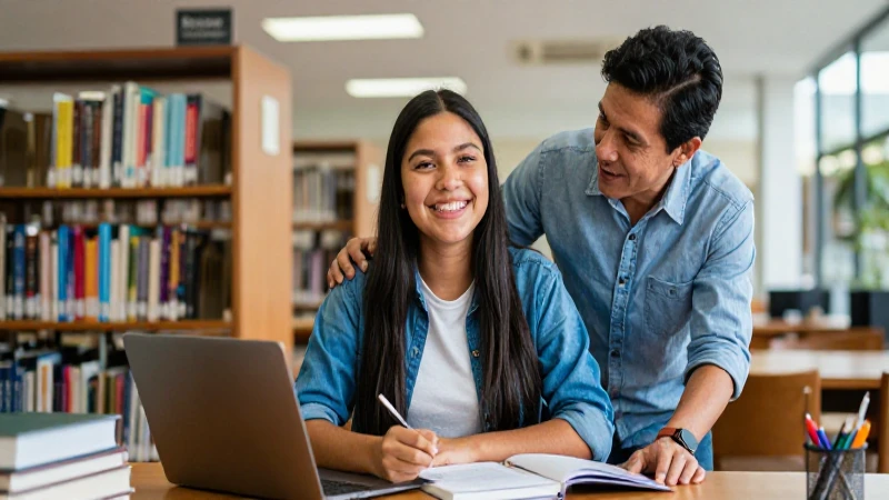 Estudiante mexicano feliz con mentor en biblioteca moderna