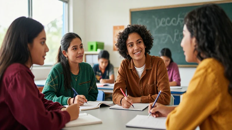 Estudiantes mexicanos colaboran en aula moderna y colorida