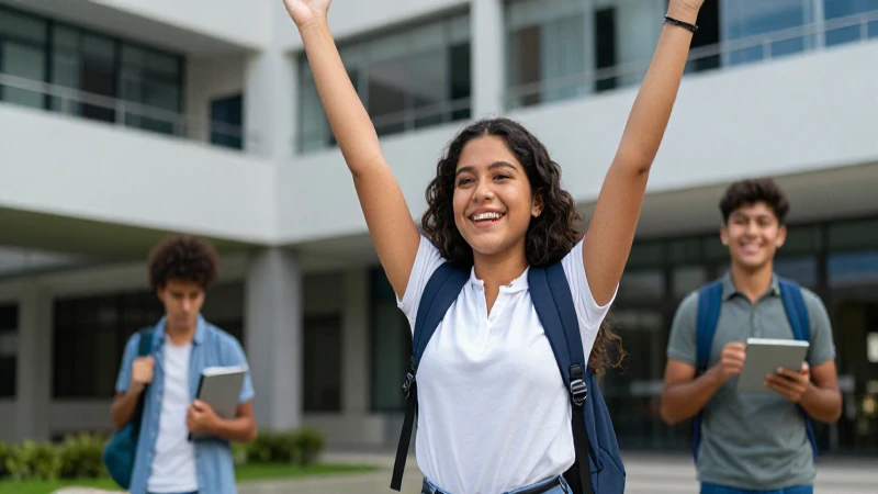 Estudiante mexicana victorioso sonríe en campus moderno