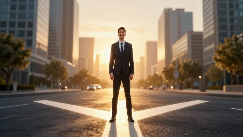 Profesional esperanzado en un brillante cruce urbano
