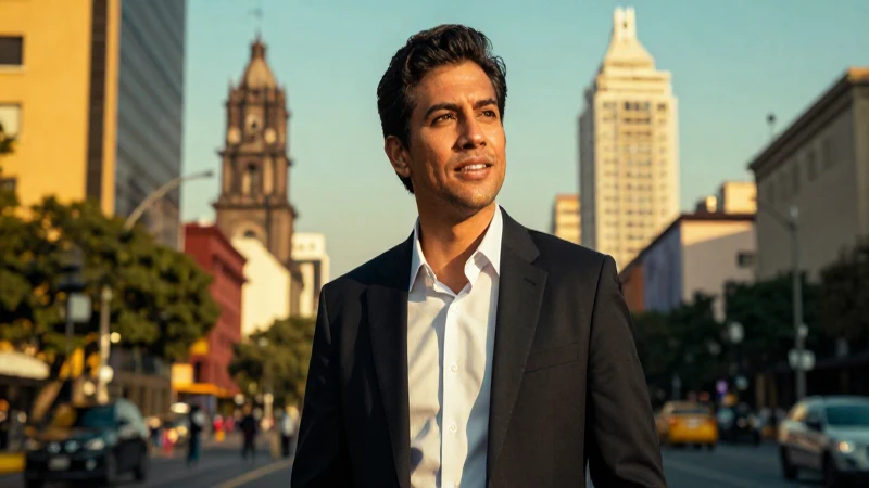 Joven mexicano optimista en México, luz dorada y contraste