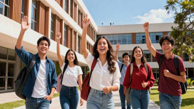Estudiantes mexicanos celebrando éxito en campus moderno