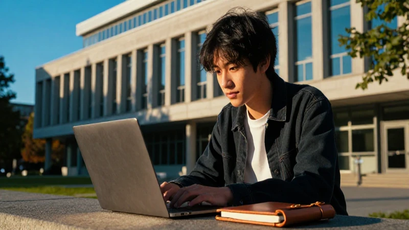 Estudiante ambicioso en universidad, atardecer dramático