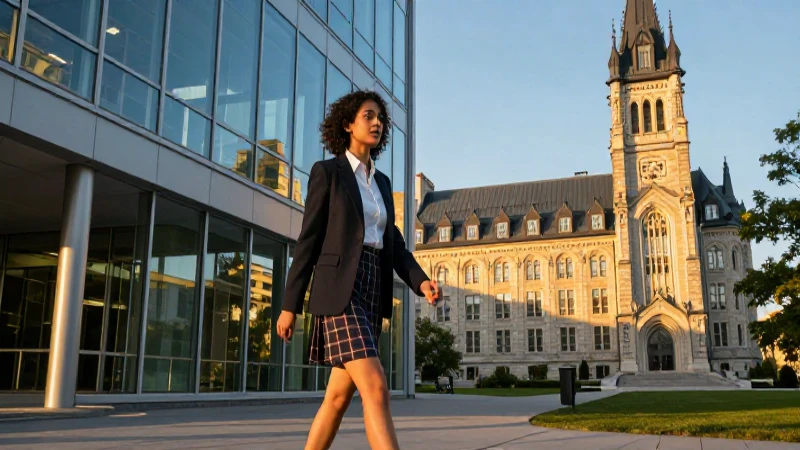 Estudiante ambicioso en campus moderno de Quebec