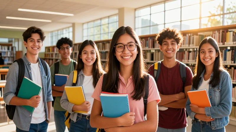 Estudiantes mexicanos sonriendo en biblioteca luminosa