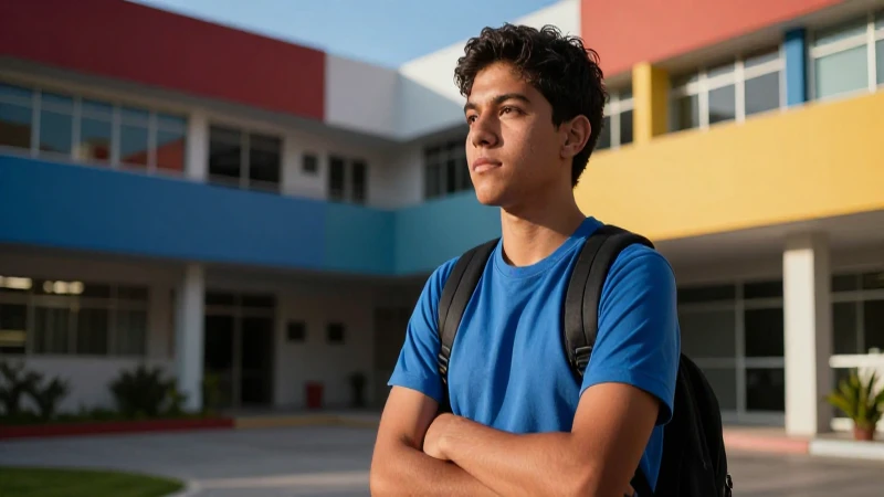Joven estudiante mexicano en campus moderno y vibrante