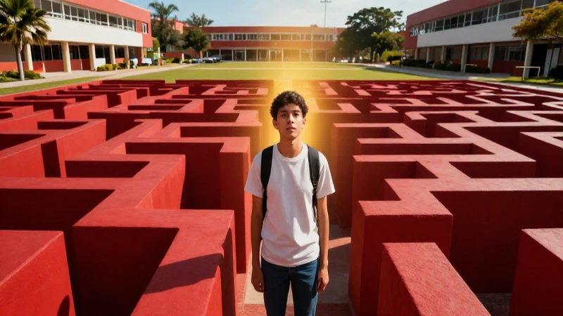 Estudiante mexicano resuelve laberinto en campus vibrante