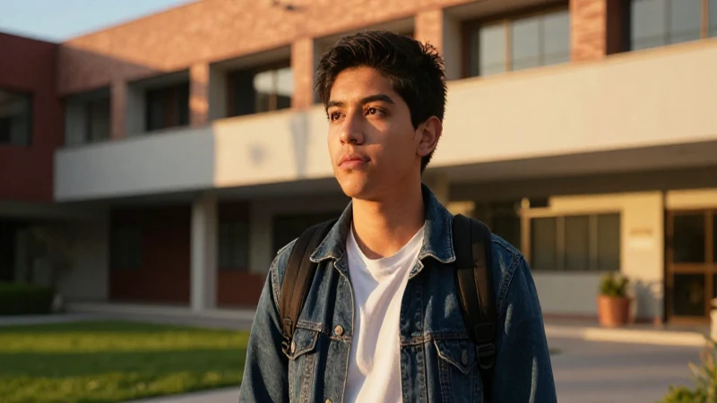 Joven estudiante mexicano con mirada intensa en la universidad
