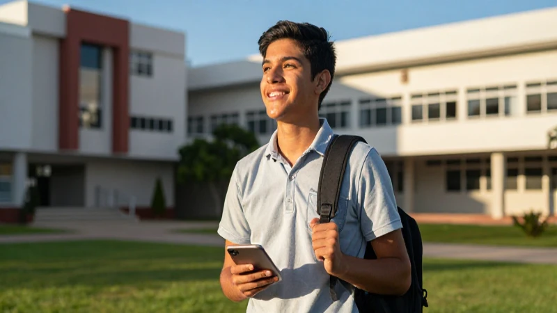 Estudiante mexicano optimista en campus de luz dorada