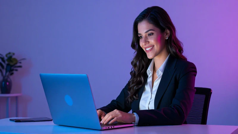 Joven profesional mexicana sonriendo frente a su trabajo