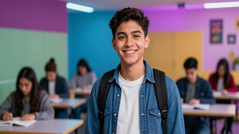 Joven mexicano sonriente en campus moderno