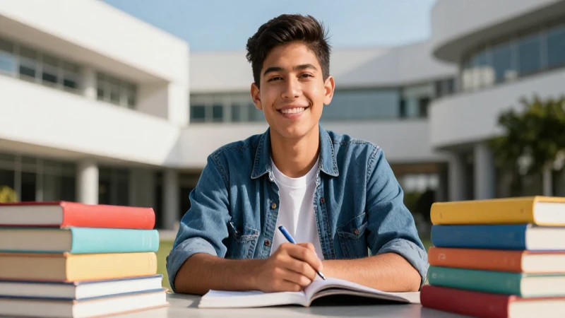 Estudiante universitario sonríe en campus colorido