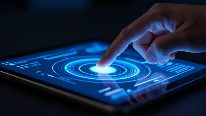 Mano interactúa con tablet azul brillante