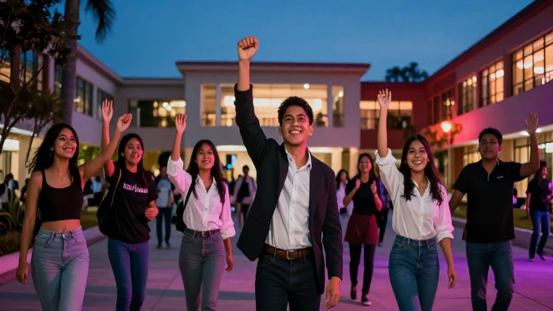 Cómo puedo realizar pagos en línea con ULA 2 Estudiantes mexicanos celebrando éxito en moderno campus