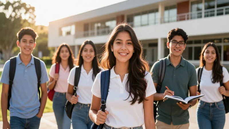 Estudiantes mexicanos felices en campus moderno y académico