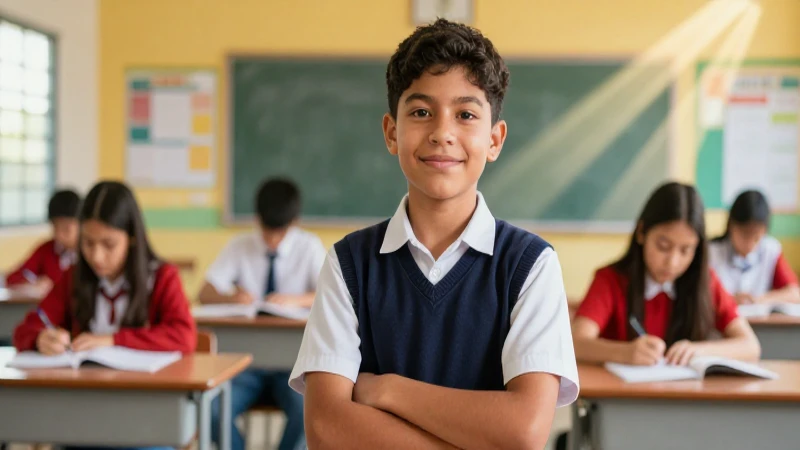 Estudiante mexicano sonriente en aula moderna