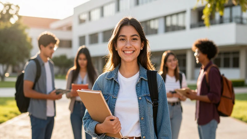 Estudiante mexicano sonríe en campus moderno
