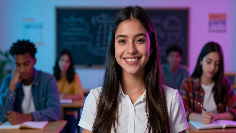 Estudiante mexicana sonriente en un aula moderna y vibrante