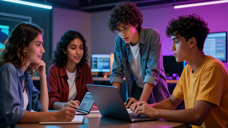 Estudiantes jóvenes mexicanos colaboran en un entorno digital vibrante