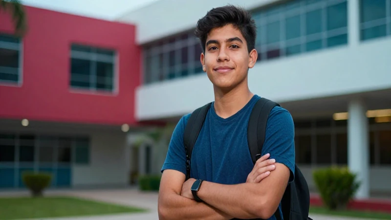 Estudiante mexicano exitoso en campus moderno