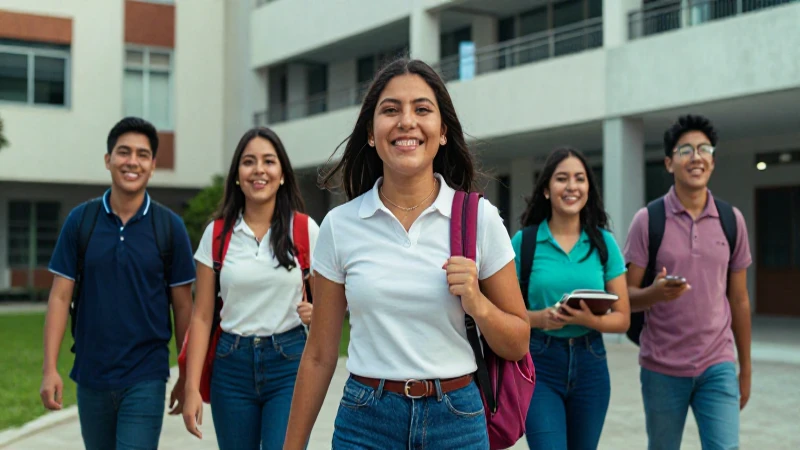 Estudiantes mexicanos sonrientes en campus moderno