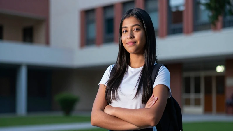 Joven mexicana estudia con confianza en un campus moderno