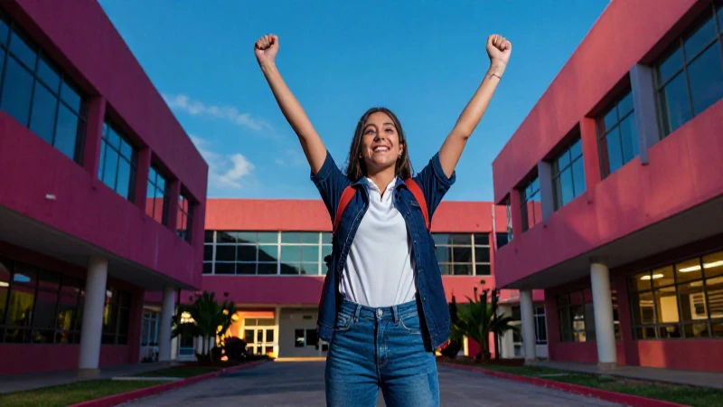 Estudiante mexicano triunfante en campus moderno