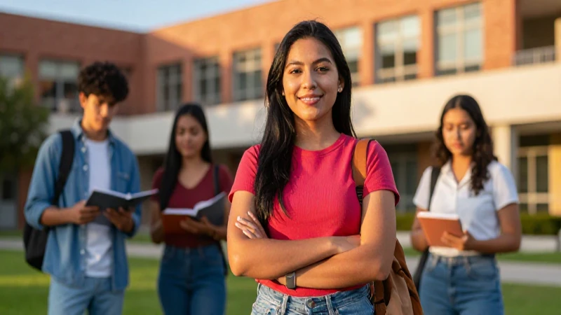 Joven mexicano confiado en campus moderno dorado