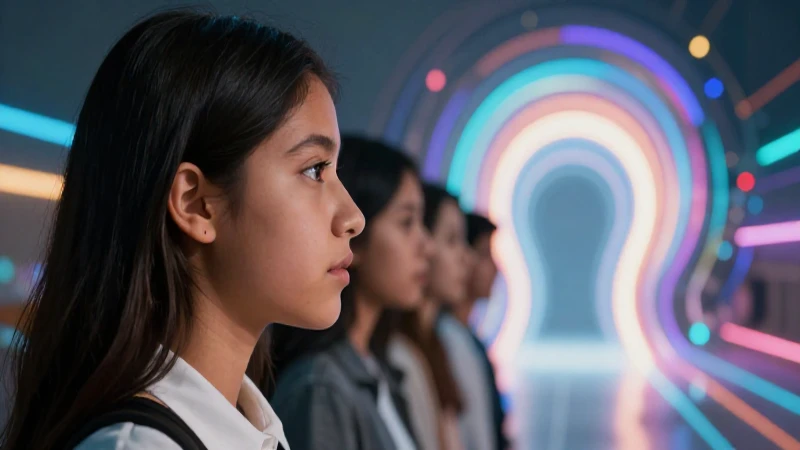 Joven estudiante mexicano mira un portal digital brillante