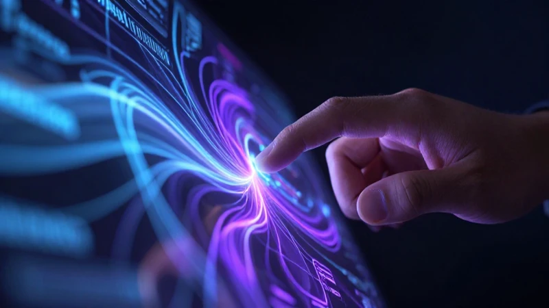 Mano interactúa con interfaz holográfica abstracta y luminosa
