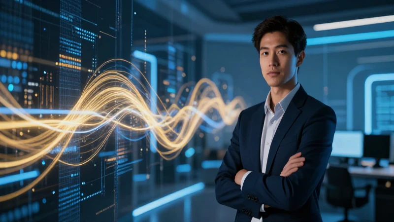 Profesional joven ante flujo digital futurista y vibrante