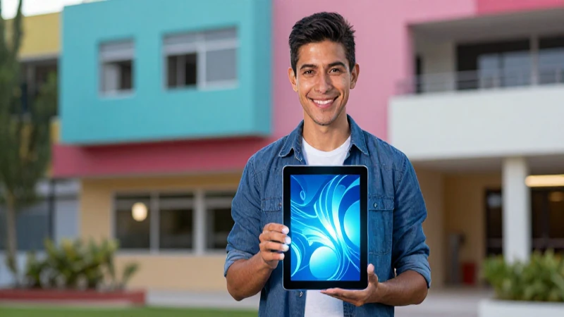 Joven mexicano sonríe con tableta abstracta en campus moderno
