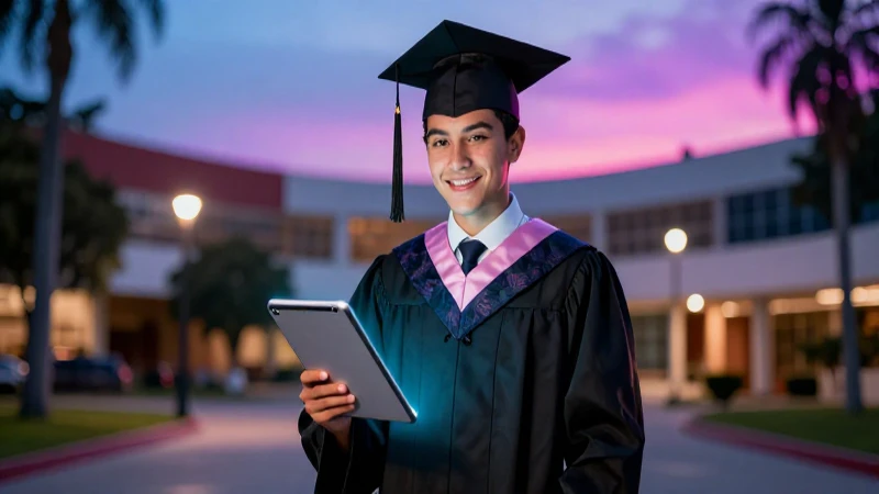 Joven graduado mexicano con tableta digital