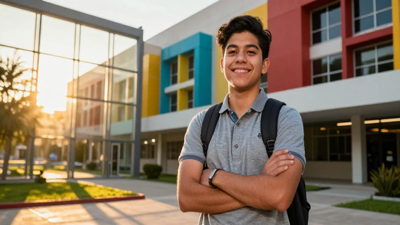 Estudiante mexicano en campus moderno con luz dorada