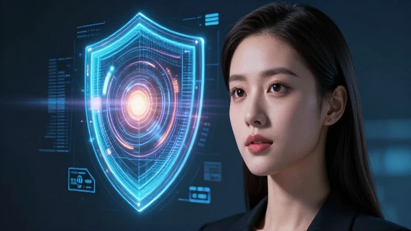 Mujer exitosa con escudo digital, estilo cinematográfico