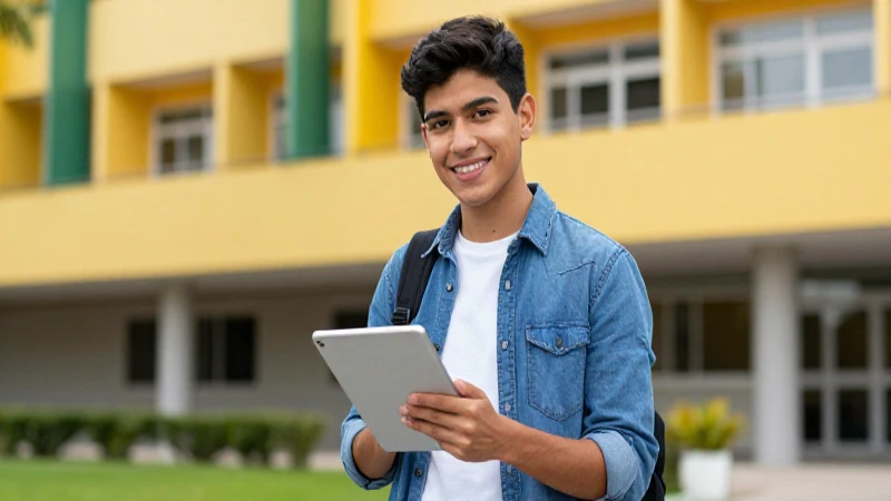 Estudiante mexicano con tablet en campus vibrante