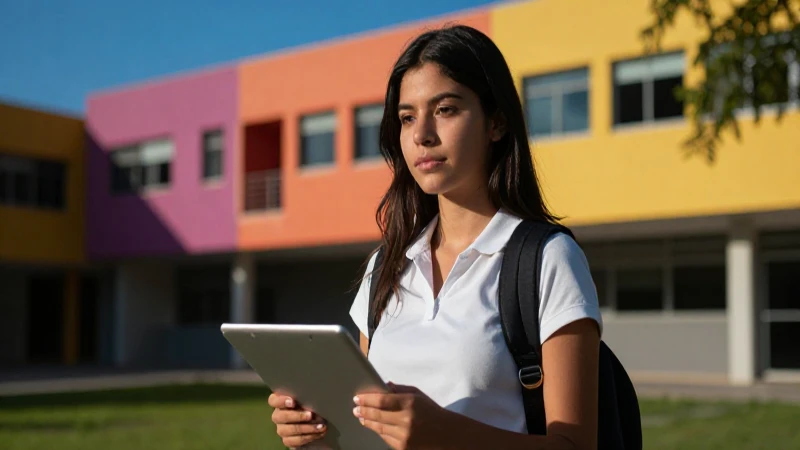 Joven mexicana estudiantil en campus moderno y vibrante