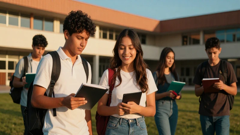 Estudiantes mexicanos exitosos en campus universitario al atardecer