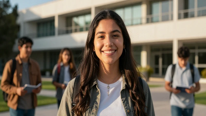 Estudiante mexicano sonriente en campus moderno
