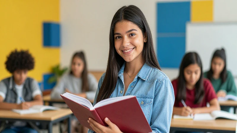 Estudiante mexicano sonriente con libro en campus moderno
