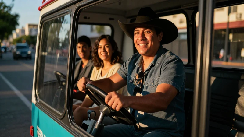 Persona mexicana feliz en transporte urbano moderno