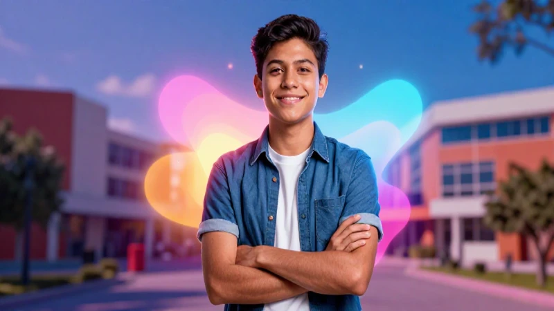 Estudiante mexicano con brillo de logro en campus moderno