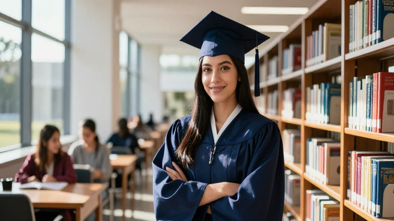 Joven estudiante mexicana gradúa en biblioteca brillante