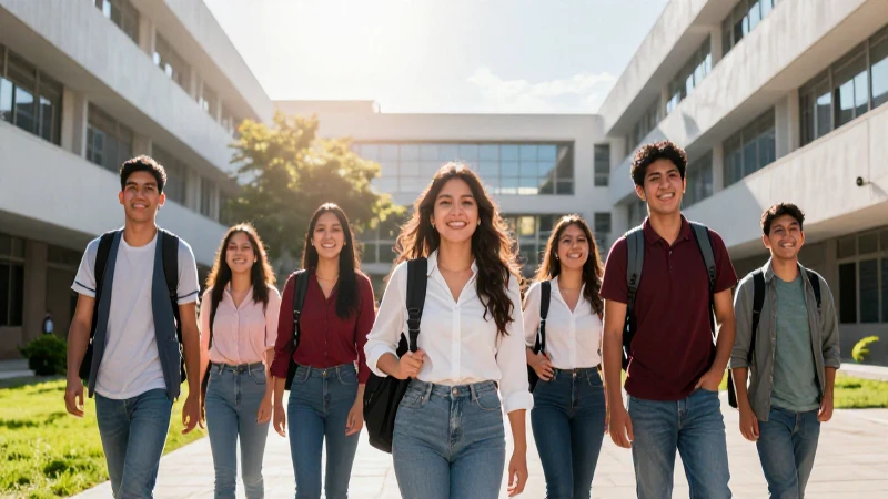 Estudiantes mexicanos felices en campus moderno