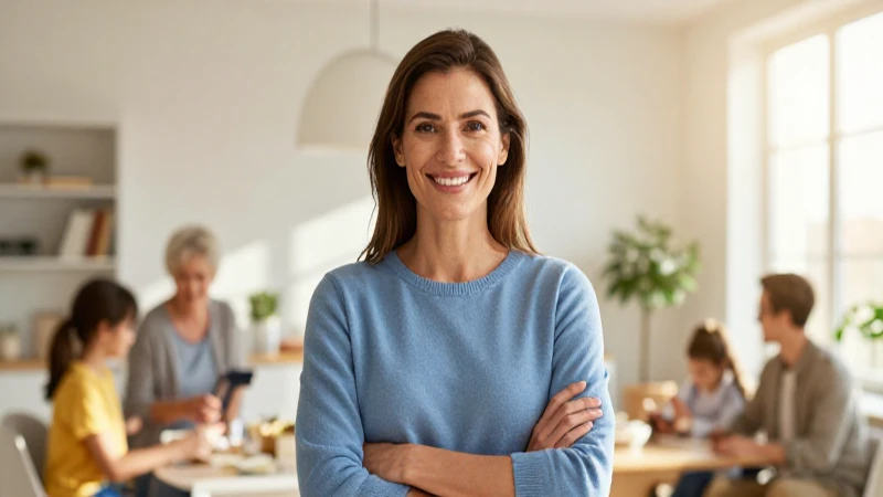 Madre sonriente en entorno moderno y luminoso