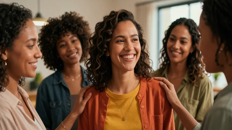 Madre sonriente y comunidad diversa apoyándose