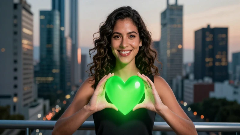 Joven mexicana feliz con corazón verde en CDMX