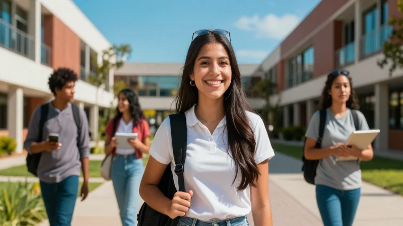 Estudiante mexicano exitoso en campus moderno