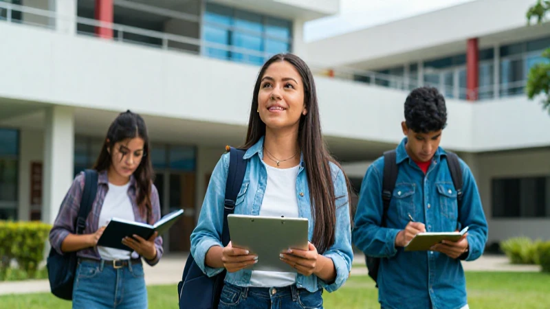 Estudiante mexicano diverso estudia en campus universitario moderno