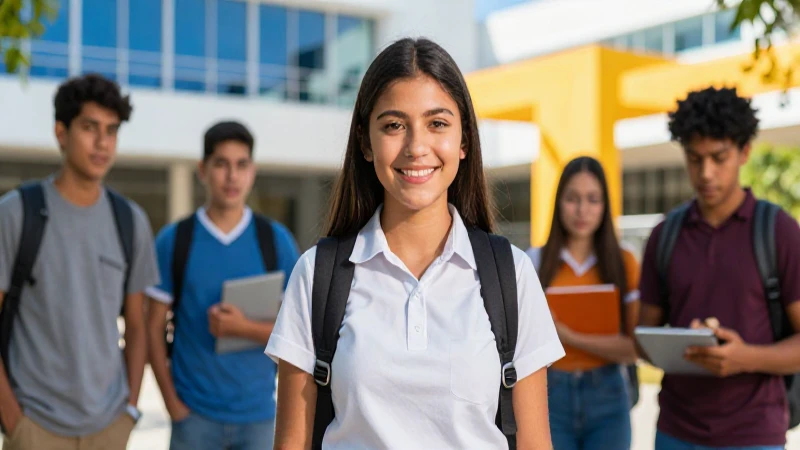 Joven estudiante mexicano en campus brillante y diverso